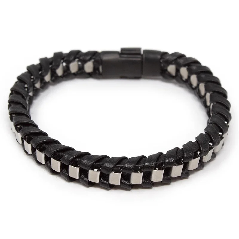 Women’s pearl bracelets for weddings-Men's Stainless Steel Braided Leather Bracelet Black