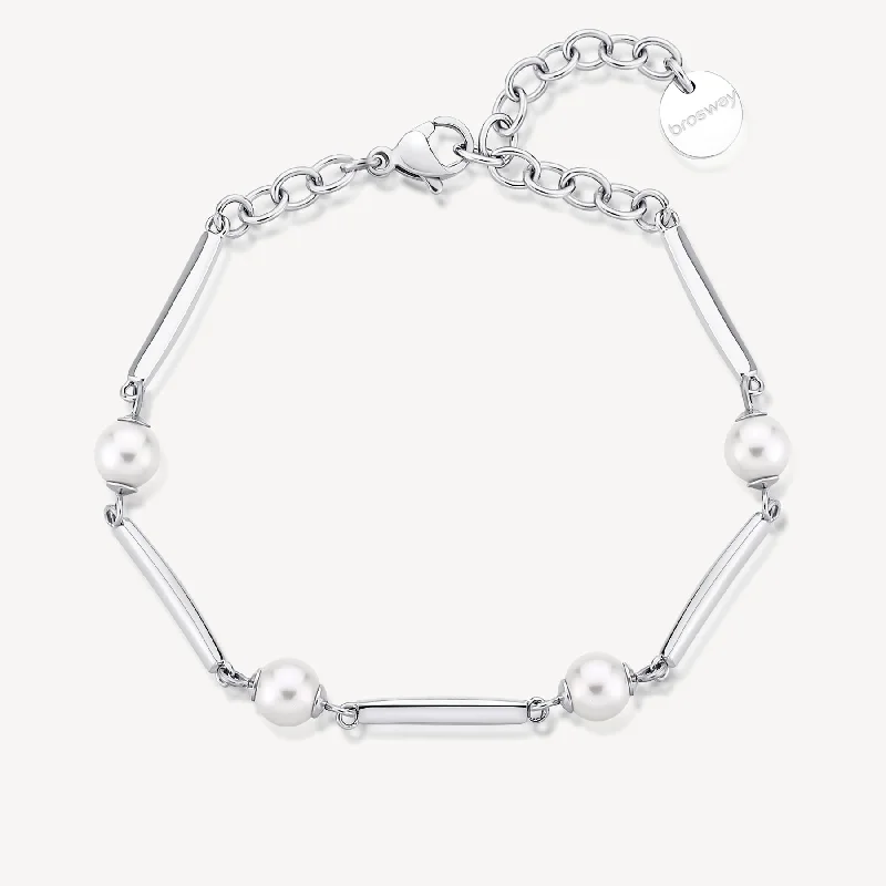 Women’s fashion bracelets-Pearl and Bar Link Bracelet in Stainless Steel