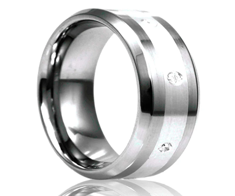 Women’s simple engagement rings-Men's Beveled Edge Tungsten Diamond Eternity Ring With Silver Inlay