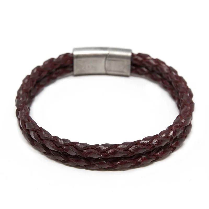 Women’s colorful bangle bracelets-Two Row Braided Leather Bracelet W Puzzle Clasp Burgundy