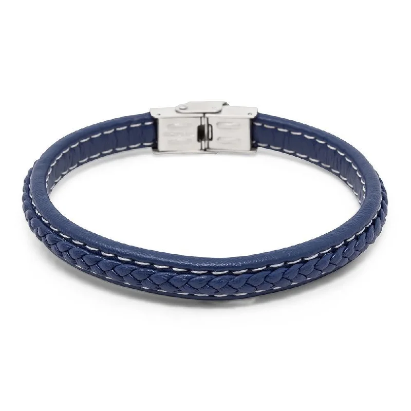 Women’s flower bracelets-Stainless Steel Small Braided Leather Bracelet Blue