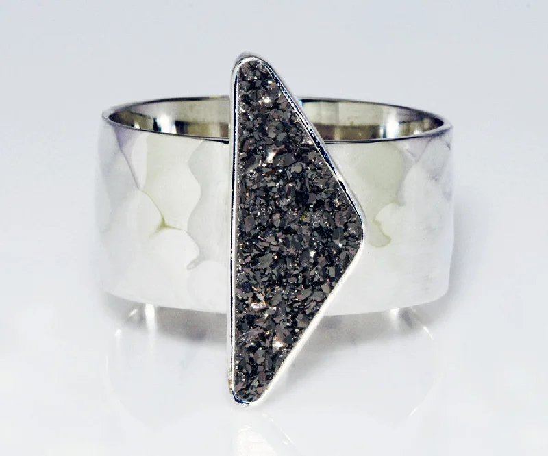 Women’s affordable diamond engagement rings-Triangle Black Druzy Wide Diamond-Cut Ring