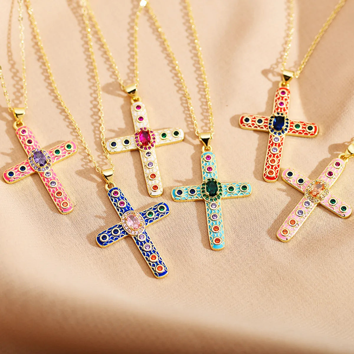 Women’s crystal necklaces-Roman Style Cross Steel Enamel Plating Inlay Zircon Pendant Necklace