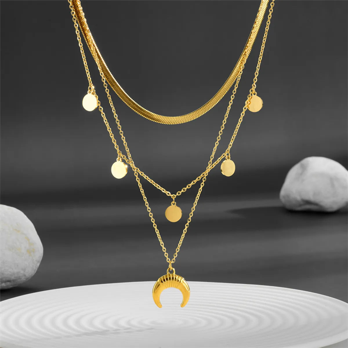 Women’s vintage pearl necklaces-Lady Moon Titanium Steel Plating 18k Gold Plated Layered Necklaces