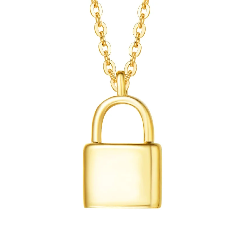 Women’s layered necklaces-14K Solid Yellow Gold Lock Pendant Necklace