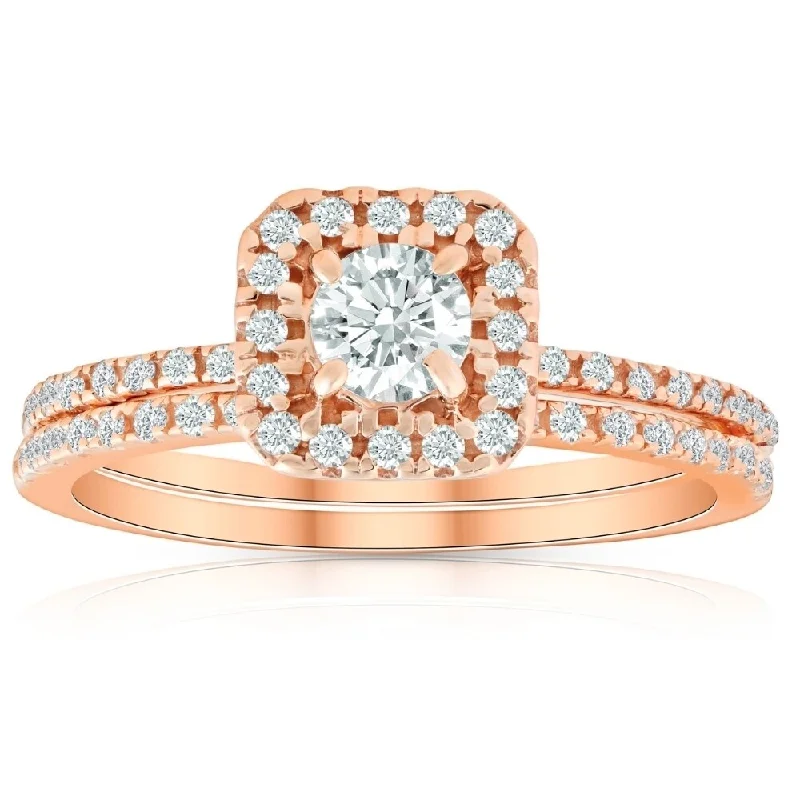 Women’s double halo engagement rings-5/8 Ct TDW Diamond Cushion Halo Engagement Wedding Ring Set Rose Gold