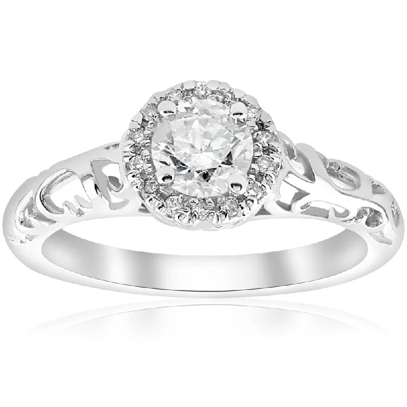 Women’s geometric engagement rings-14k White Gold 5/8ct TDW Diamond Vintage Halo Filigree Engagement Ring (I-J,I2-I3)