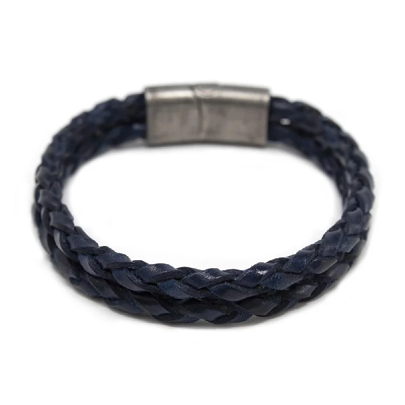 Women’s romantic bracelets-Two Row Braided Leather Bracelet W Puzzle Clasp Navy