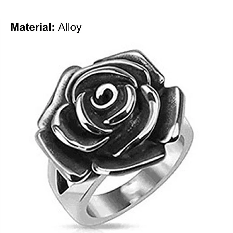 Women’s stacked engagement rings-Wide Silver Color Engagement Ring Alloy Blooming Rose Women Cocktail Ring Jewelry Accessaries