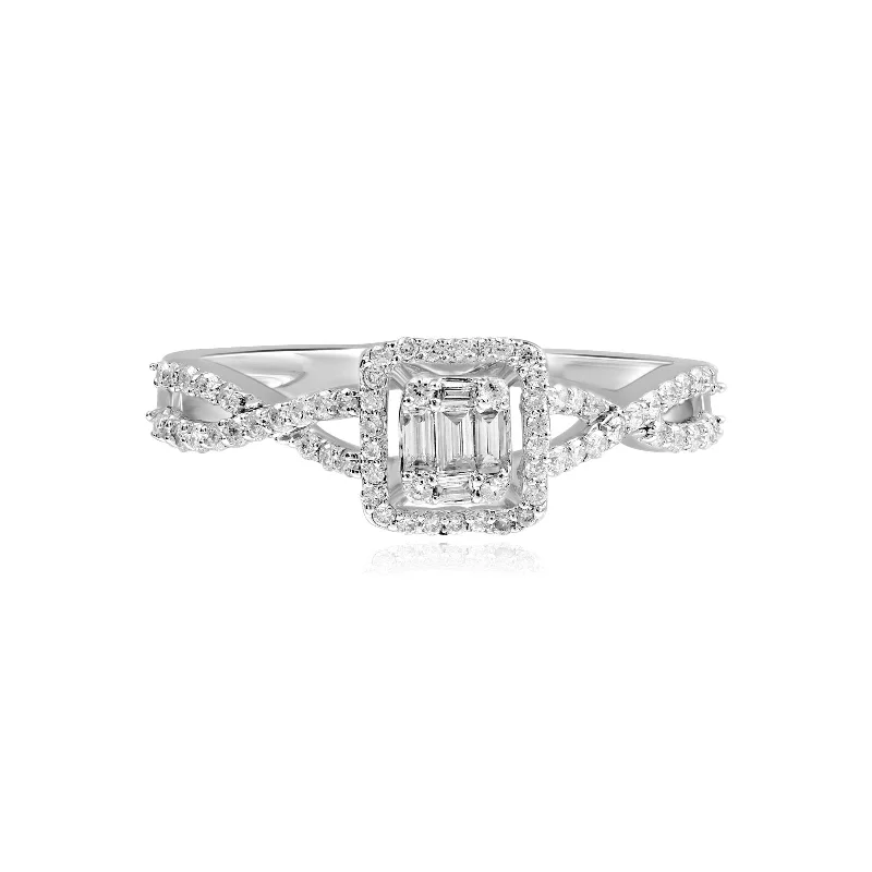 Women’s twisted band engagement rings-Baguette Halo Diamond with Infinity Shank Band