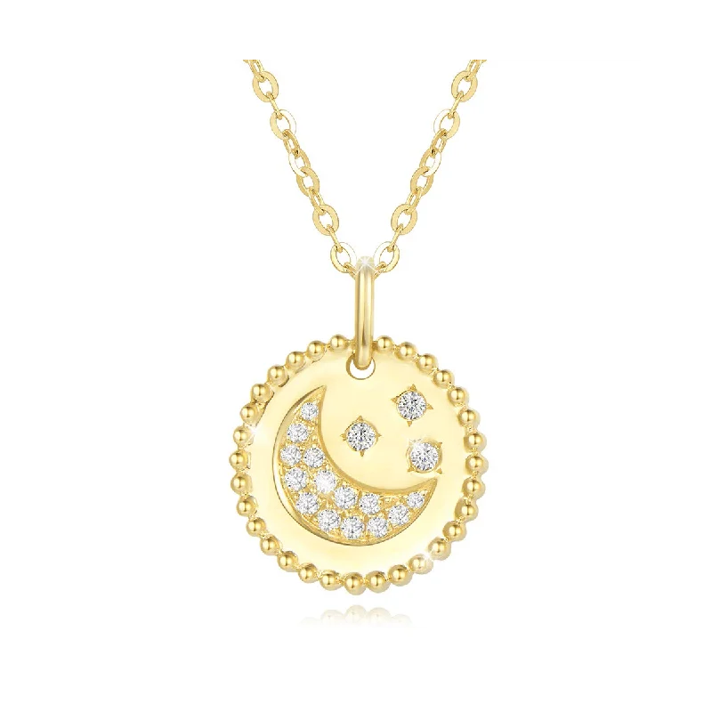 Women’s vintage-inspired necklaces-FANCIME Moon Star Round Disc Coin 14K Solid Gold Necklace