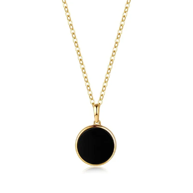 Women’s silver birthstone necklaces-Natural Black Onyx 14K Yellow Gold Disc Necklace