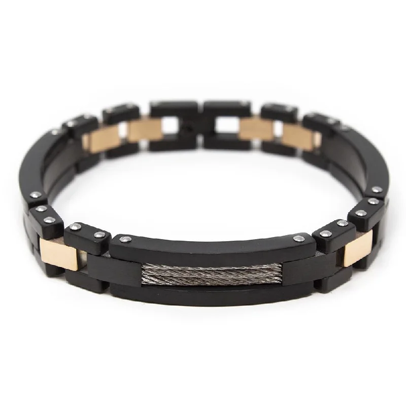 Women’s beaded bracelets-Black/Rose Gold Stainless Steel Cable Inlay Link Bracelet