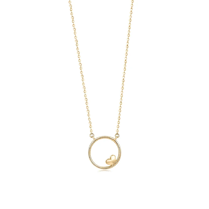 Women’s crystal necklaces-Open Circle Mini Heart Pendant Necklace In 14K Solid Gold