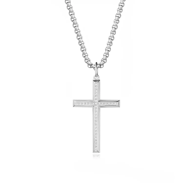 Women’s bohemian necklaces-FANCIME Mens Box Chain Beveled Cross 925 Silver Necklace