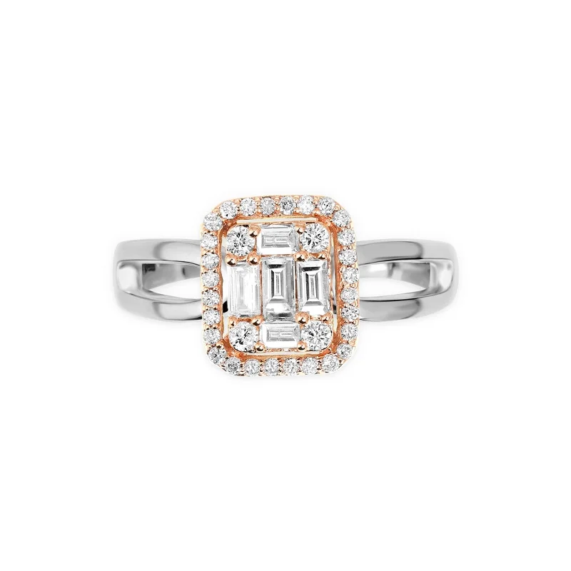 Women’s exclusive engagement rings-Diamond Baguette Illusion Ring with Halo 18k Two-Tone White and