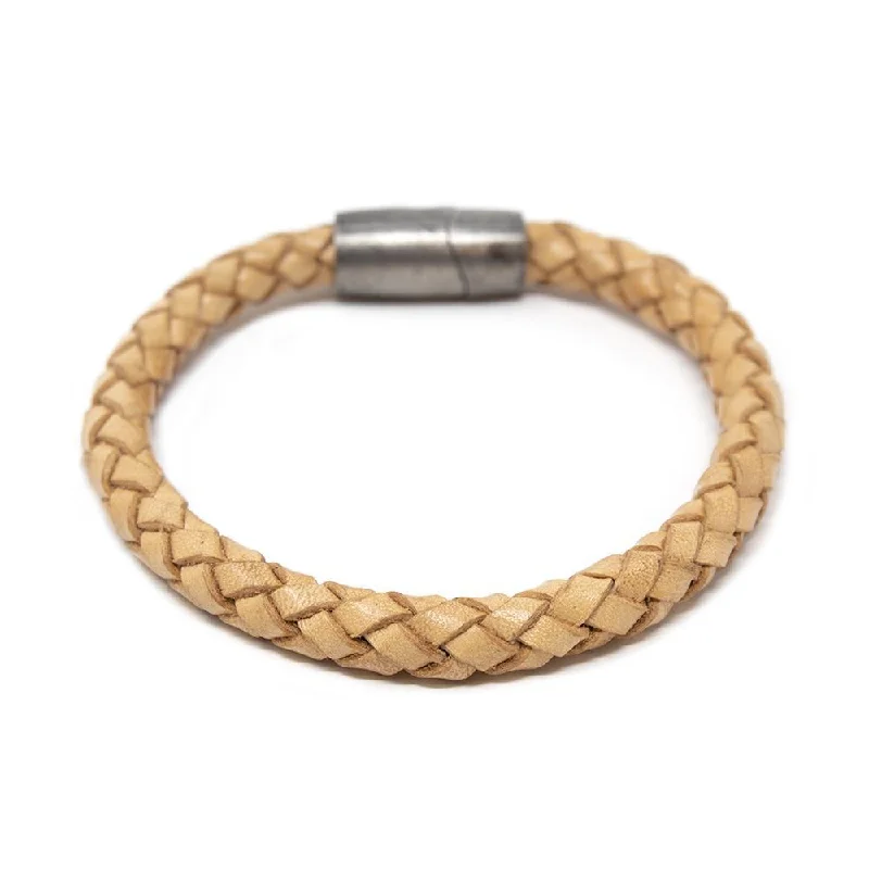 Women’s diamond bracelets-Braided Leather Bracelet with Puzzle Clasp Beige Large