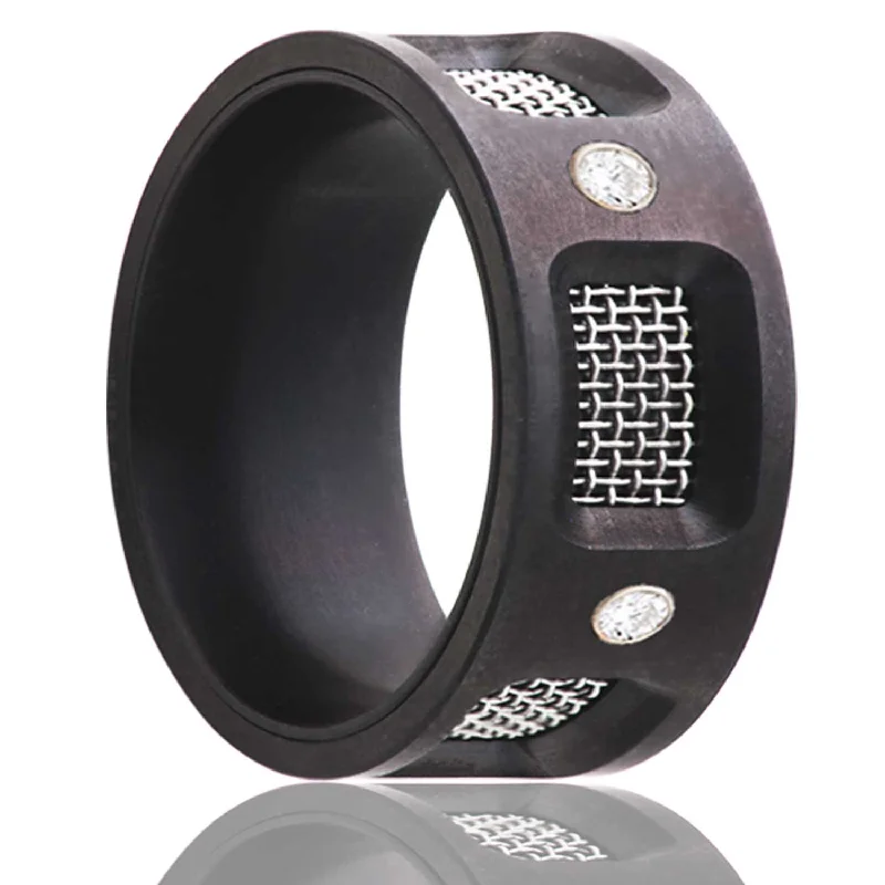 Women’s oval engagement rings-Flat Zirconium Band with Mesh Screen and Five Diamonds