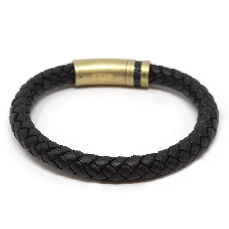 Women’s adjustable bracelets-Stainless Steel Black Leather Braided Bracelet Antique Gold Clasp