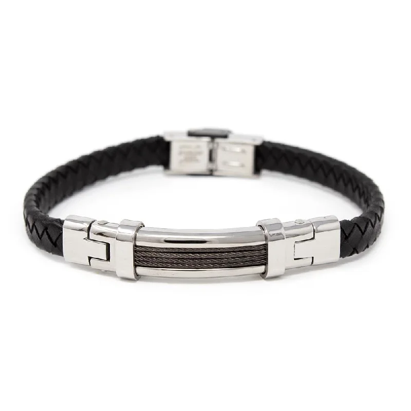 Women’s handmade bracelets-Black Leather Hem Stainless Steel Cable Station Bracelet