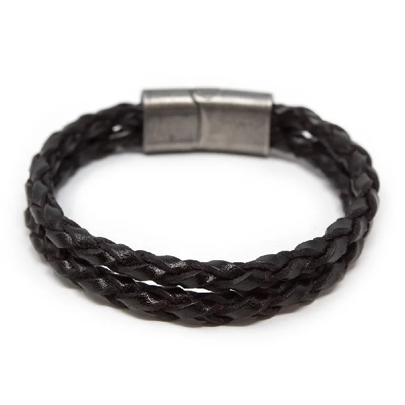 Women’s luxury tennis bracelets-Two Row Braided Leather Bracelet W Puzzle Clasp Dark Bn